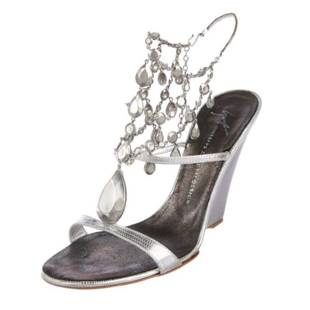 Giuseppe Zanotti Silver Wedge Heel Sandals with Cascading Jewels + Chain Closure